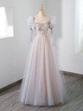 Cute Tulle Beaded Long Prom Dress, A-Line Short Sleeve Evening Dress HZ0429