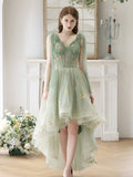 Lovely High Low Lace Party Dress, Green Tulle Short Prom Dress, Green Homecoming Dress HZ0429