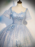 Blue Tulle Lace Long Prom Dress, Shiny A-Line Short Sleeve Evening Dress HZ0429