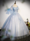 Blue Tulle Lace Long Prom Dress, Shiny A-Line Short Sleeve Evening Dress HZ0429