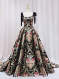 Black Floral Floor Length Prom Dress, A-Line Black Evening Dress HZ0429