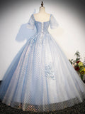 Blue Tulle Lace Long Prom Dress, Shiny A-Line Short Sleeve Evening Dress HZ0429