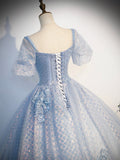 Blue Tulle Lace Long Prom Dress, Shiny A-Line Short Sleeve Evening Dress HZ0429