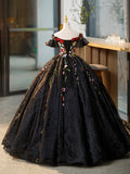 Black Tulle Long Prom Dress with Lace Flowers, Beautiful Off Shoulder Evening Gown HZ0429