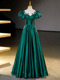 Green Satin Lace Floor Length Formal Dress, Short Sleeve A-Line Evening Dress HZ0429