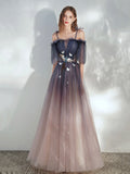 Blue Gradient Tulle Long Prom Dress, Lovely Spaghetti Strap Evening Dress HZ0429