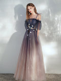 Blue Gradient Tulle Long Prom Dress, Lovely Spaghetti Strap Evening Dress HZ0429