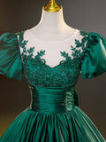 Green Satin Lace Floor Length Formal Dress, Short Sleeve A-Line Evening Dress HZ0429