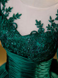 Green Satin Lace Floor Length Formal Dress, Short Sleeve A-Line Evening Dress HZ0429