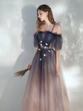 Blue Gradient Tulle Long Prom Dress, Lovely Spaghetti Strap Evening Dress HZ0429