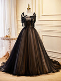 Black Tulle Lace Long Prom Dress, Black Evening Party Dress HZ0429