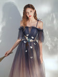 Blue Gradient Tulle Long Prom Dress, Lovely Spaghetti Strap Evening Dress HZ0429