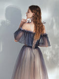 Blue Gradient Tulle Long Prom Dress, Lovely Spaghetti Strap Evening Dress HZ0429