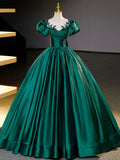 Green Satin Lace Floor Length Formal Dress, Short Sleeve A-Line Evening Dress HZ0429