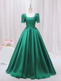 Green Satin Floor Length Prom Dress, Green Short Sleeve Evening Dress HZ0429