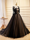 Black Tulle Lace Long Prom Dress, Black Evening Party Dress HZ0429