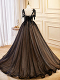 Black Tulle Lace Long Prom Dress, Black Evening Party Dress HZ0429