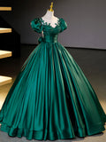 Green Satin Lace Floor Length Formal Dress, Short Sleeve A-Line Evening Dress HZ0429
