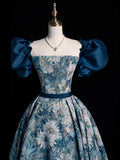 Blue Printed Long Ball Gown, Elegant A-Line Short Sleeve Evening Dress HZ0429