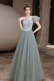 Green Tulle Beaded A-Line New Prom Dresses, Short Sleeves Formal Dresses HZ0429