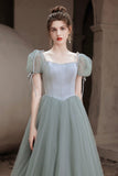Green Tulle Beaded A-Line New Prom Dresses, Short Sleeves Formal Dresses HZ0429
