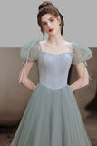 Green Tulle Beaded A-Line New Prom Dresses, Short Sleeves Formal Dresses HZ0429