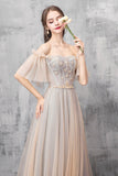 A-Line Off the Shoulder Tulle Long Prom Dress, Cute Evening Party Dress HZ0429