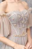 A-Line Off the Shoulder Tulle Long Prom Dress, Cute Evening Party Dress HZ0429