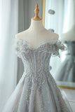 Gray Tulle Sequins Long Prom Dress, Off the Shoulder Evening Dress HZ0429
