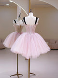 Pink Tulle Sequins Sweetheart Short Prom Dress, Pink Straps Party Dress HZ0429