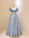 Blue Tulle Lace Long Prom Dress, Beautiful Short Sleeve Evening Dress HZ0429