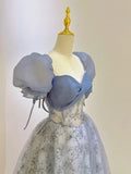 Blue Tulle Lace Long Prom Dress, Beautiful Short Sleeve Evening Dress HZ0429