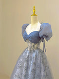 Blue Tulle Lace Long Prom Dress, Beautiful Short Sleeve Evening Dress HZ0429