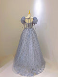 Blue Tulle Lace Long Prom Dress, Beautiful Short Sleeve Evening Dress HZ0429