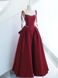 Burgundy Satin Long Prom Dress, A-Line Evening Dress with Bow HZ0429