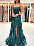 Simple Satin Long Prom Dress, A-Line Green Backless Evening Dress HZ0429