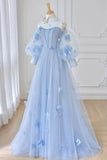 Blue Tulle Long Sleeve Prom Dresses, Cute A-Line Evening Dresses with Applique HZ0429