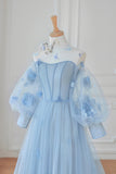 Blue Tulle Long Sleeve Prom Dresses, Cute A-Line Evening Dresses with Applique HZ0429