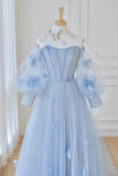 Blue Tulle Long Sleeve Prom Dresses, Cute A-Line Evening Dresses with Applique HZ0429
