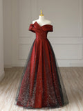 Burgundy Satin Long V-Neck Prom Dress, Off the Shoulder Party Dress HZ0429