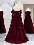 Burgundy Velvet Long Formal Dress, Elegant Long Sleeve A-Line Prom Dress HZ0429