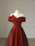 Burgundy Satin Long V-Neck Prom Dress, Off the Shoulder Party Dress HZ0429