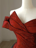 Burgundy Satin Long V-Neck Prom Dress, Off the Shoulder Party Dress HZ0429