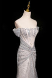 Silver Off-the-Shoulder Sequin Long Prom Party Dress, Mermaid Evening Dress HZ0429