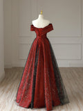 Burgundy Satin Long V-Neck Prom Dress, Off the Shoulder Party Dress HZ0429