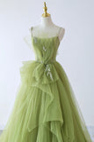 Green Spaghetti Strap Tulle Long Formal Evening Dress, Green A-Line Prom Dress HZ0429