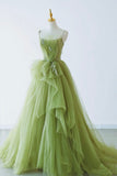 Green Spaghetti Strap Tulle Long Formal Evening Dress, Green A-Line Prom Dress HZ0429