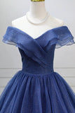 Off Shoulder Navy Blue Sparkly Tulle Prom Gown Princess Ball Gown HZ0429