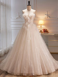 Spaghetti Strap Tulle Champagne Long Prom Dress, Champagne Evening Party Dress HZ0429