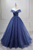 Off Shoulder Navy Blue Sparkly Tulle Prom Gown Princess Ball Gown HZ0429